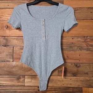 NWT Feelingirl Ribbed Henley Bodysuit Gray Stretch Knit Button Front Snap